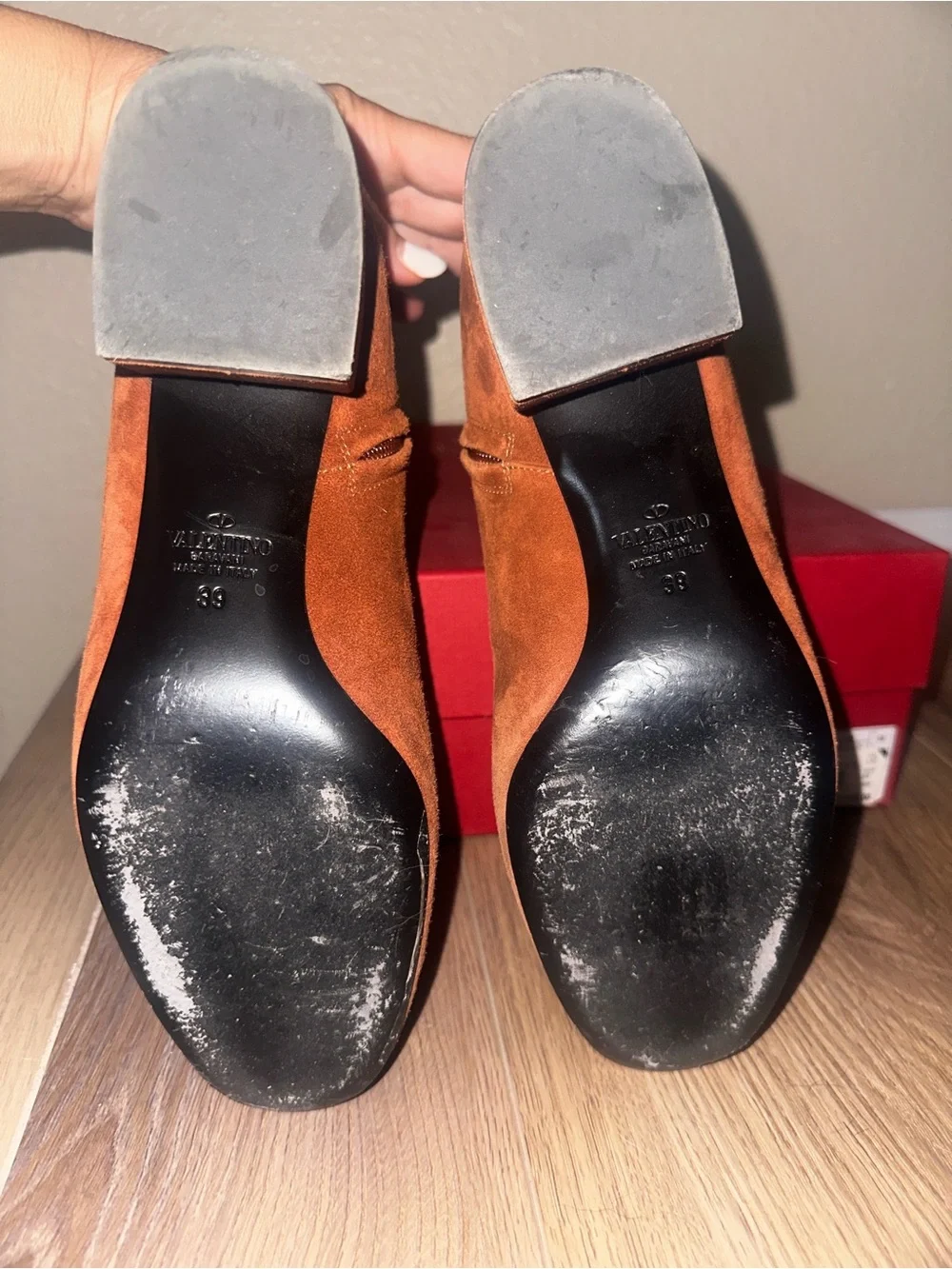Valentino Rust Brown Suede Ankle Boots with Gold V Logo